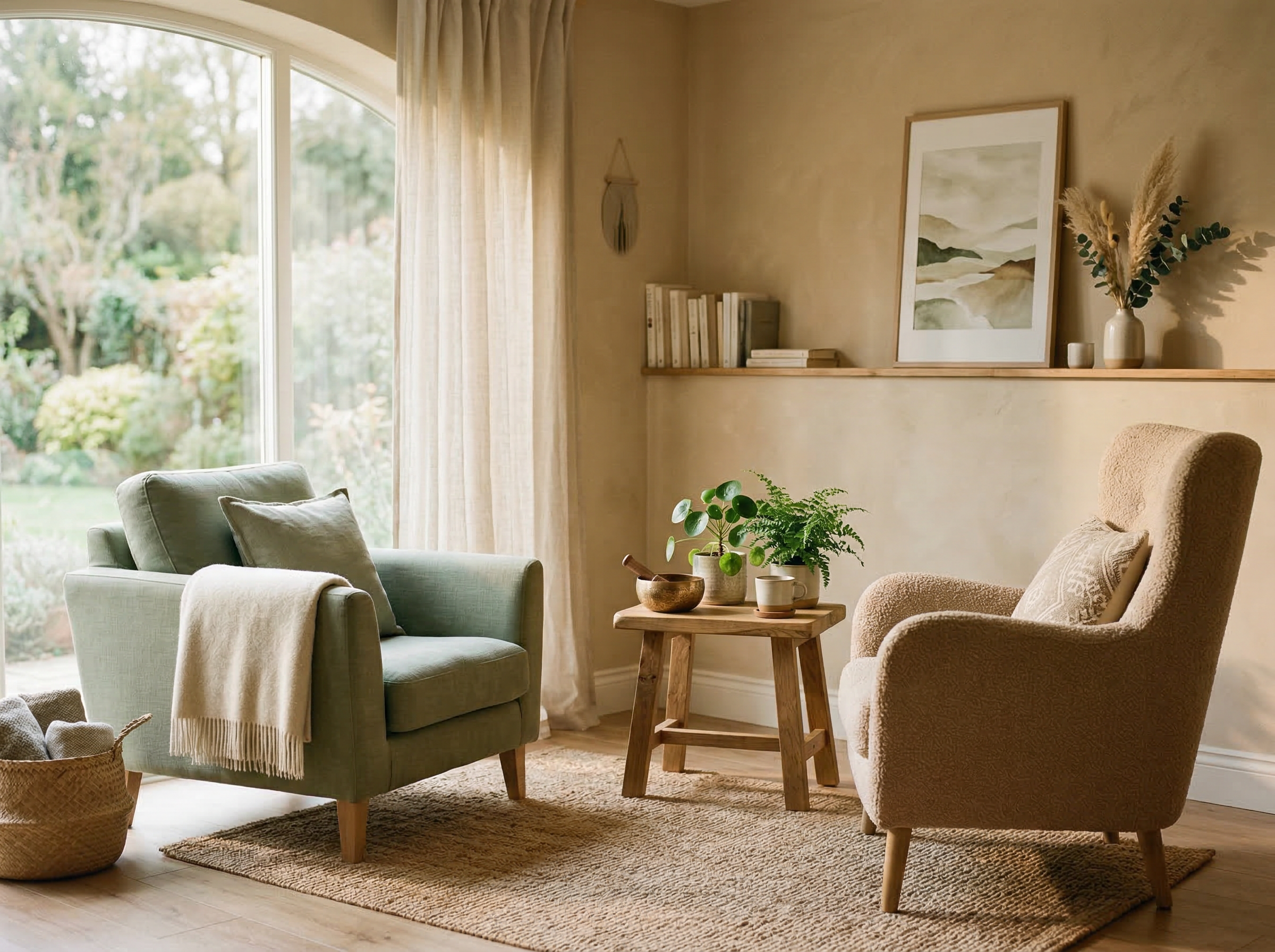 Espace de thérapie chaleureux avec deux fauteuils